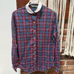 Vintage Plaid Button-Down Shirt in Red, Blue & Green with White Collar